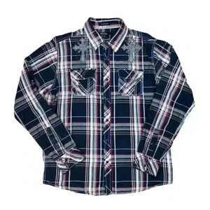 Buckle Black Sz Large Embroidered Cross Classic Fit Pearl Snap Plaid Shirt Y2K